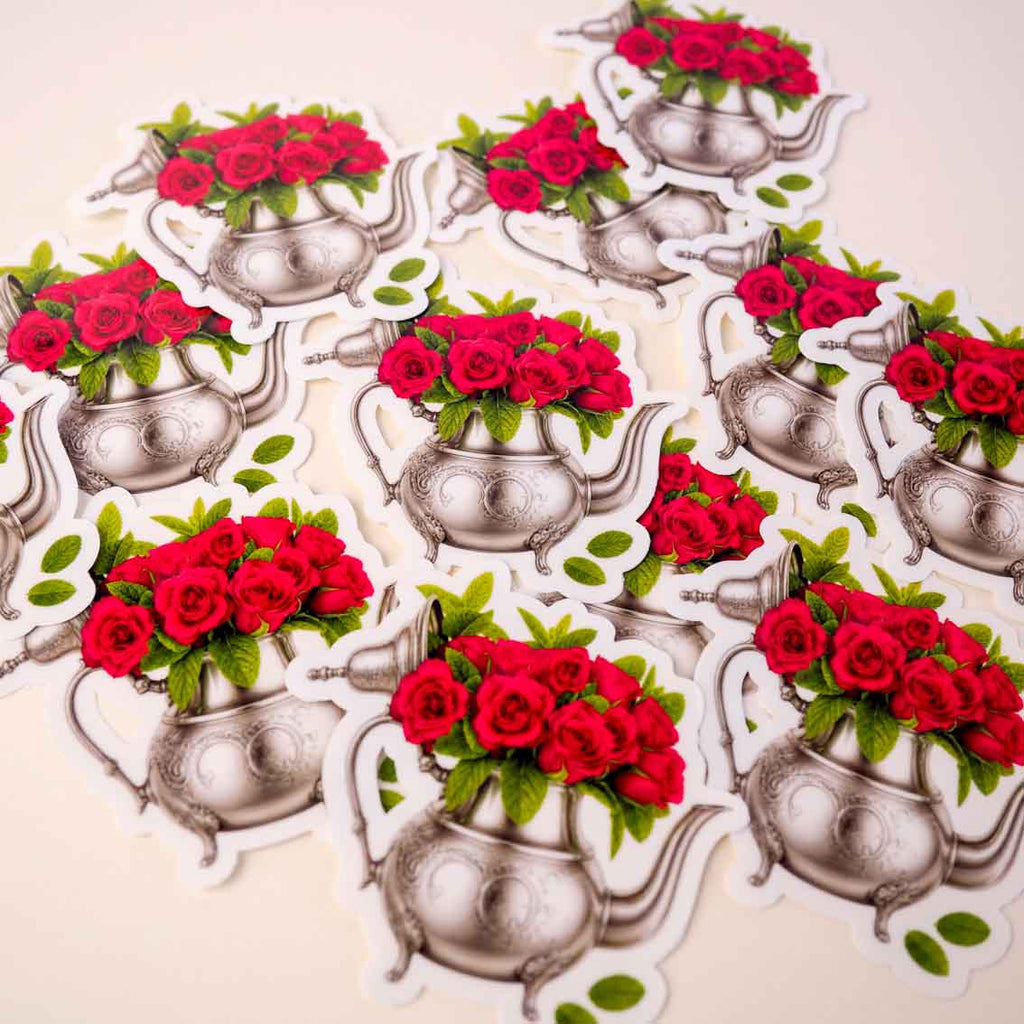 Théière Roses Rouge - Sticker ou Magnet