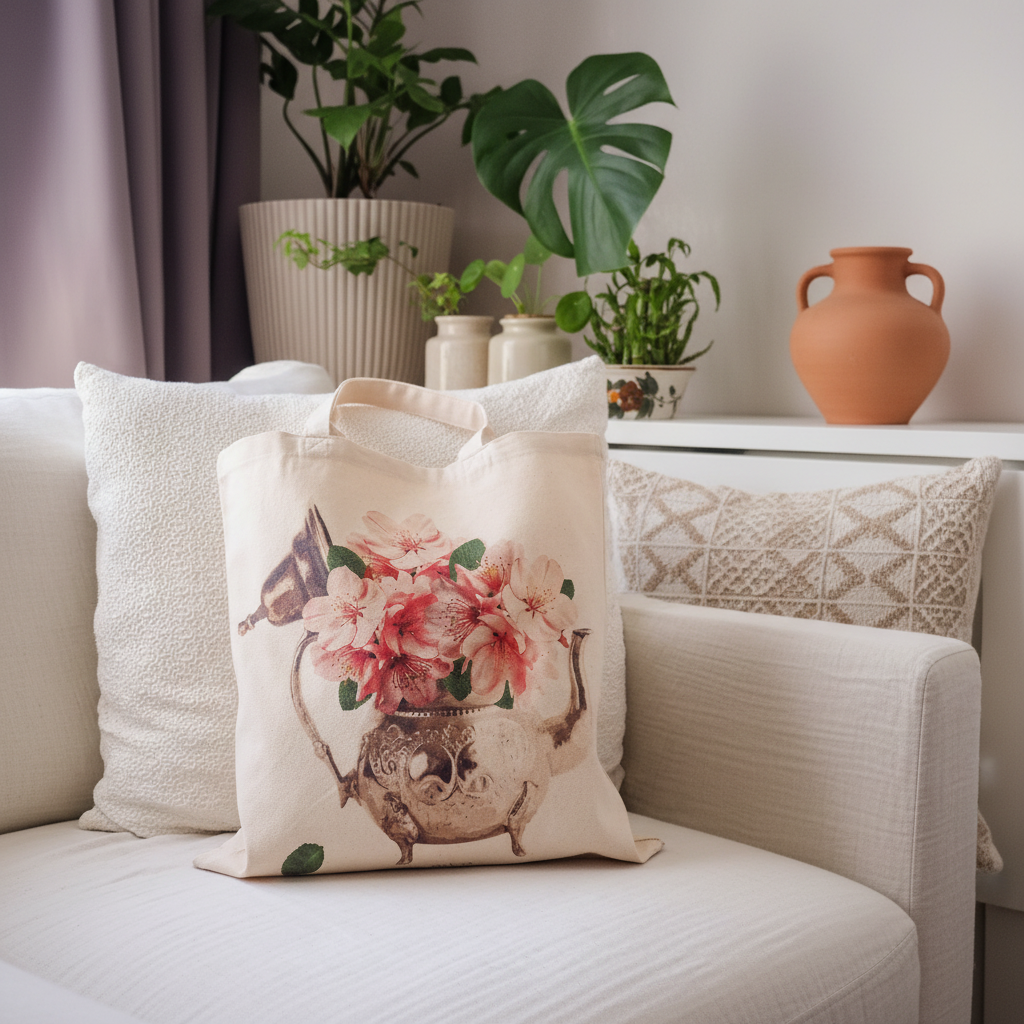 Tote Bag Théière fleurie Printemps